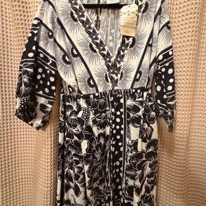 FARM Rio Black and White Floral 3/4 Length Sleeve Dress L